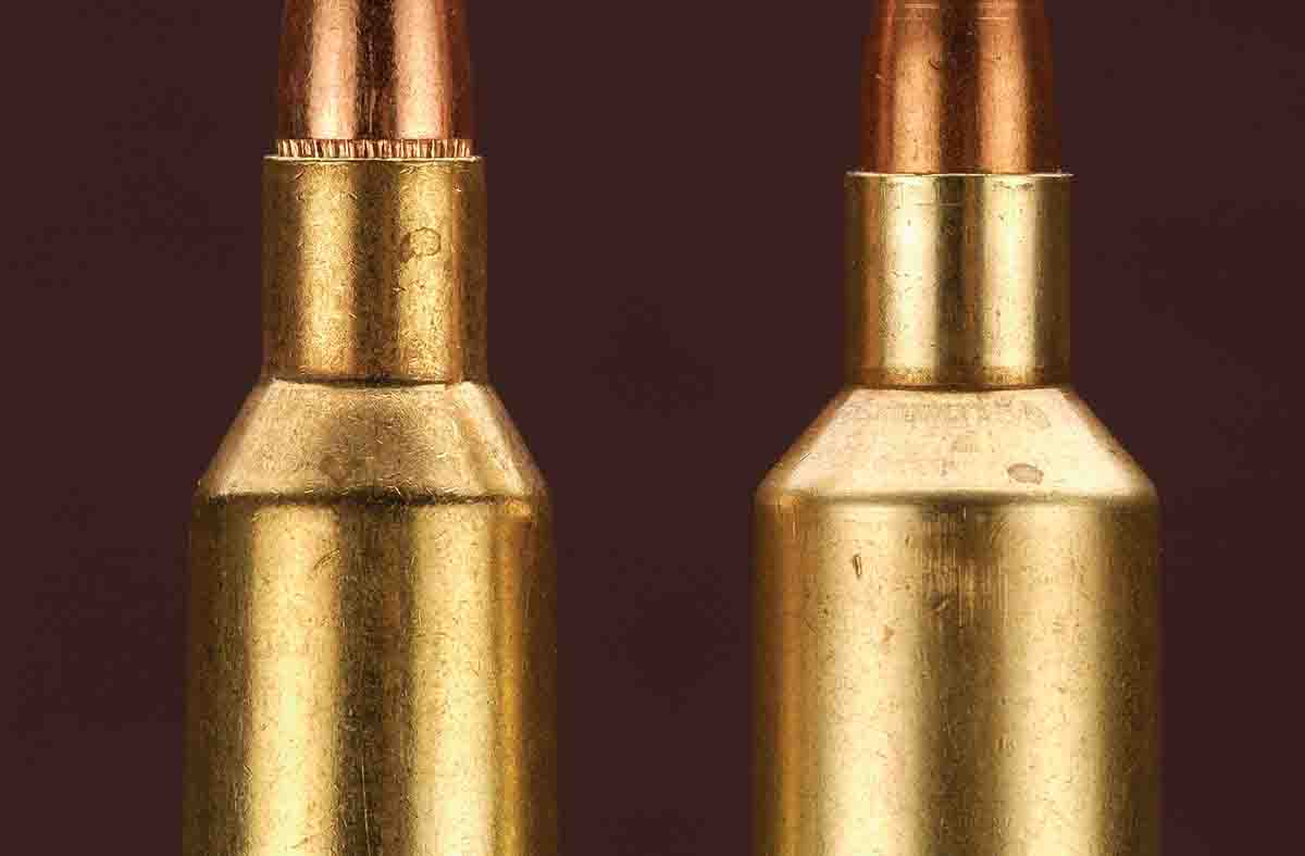 The .22-250 Remington case (left) is shown with the Improved version (right).